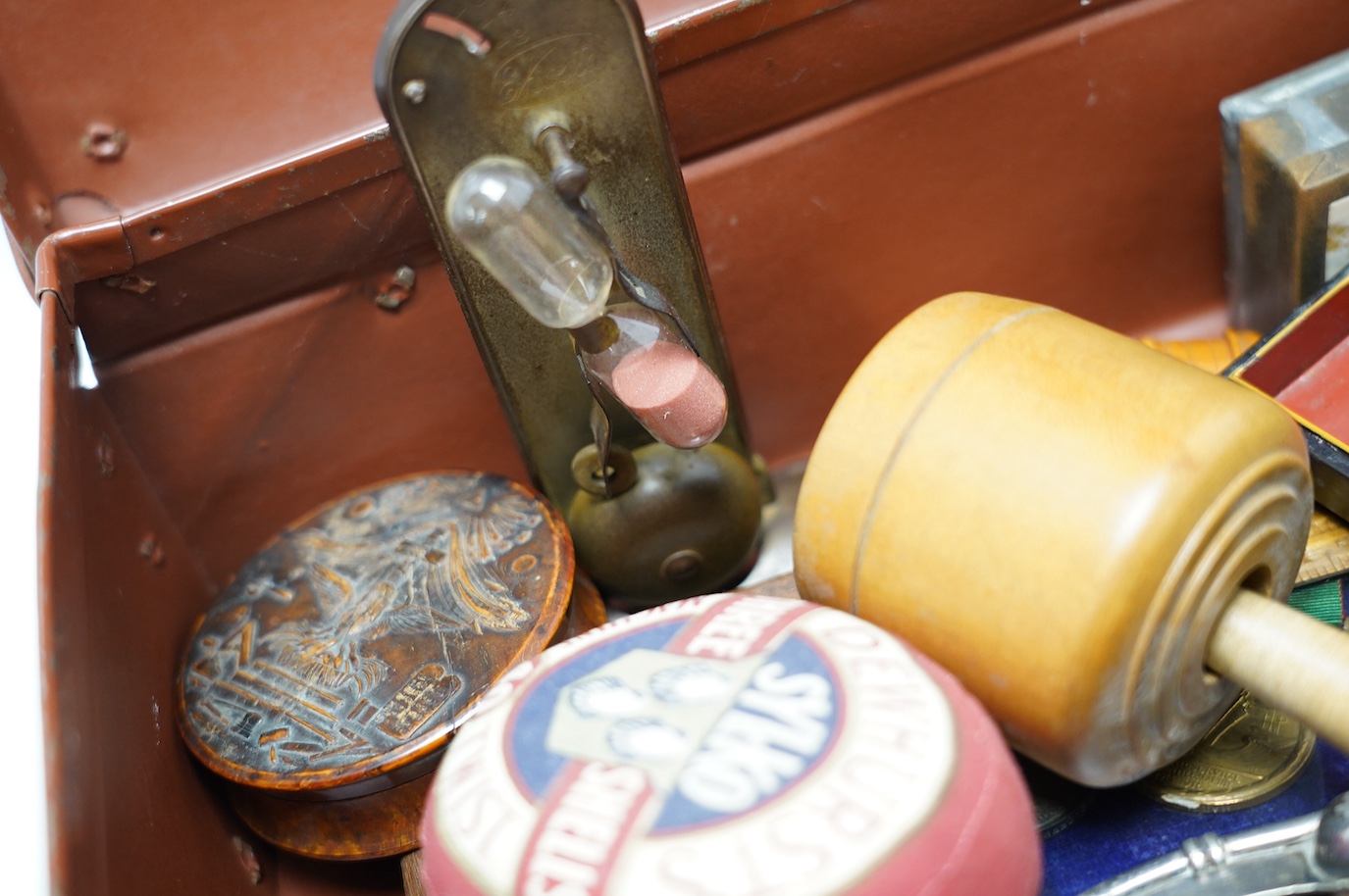 A quantity of 19th century and later collectables to include a circular burr wood snuff box, framed medals, a tortoiseshell snuff box and sundries. Condition - fair